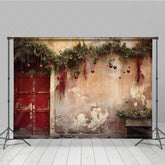 Aperturee Aperturee Rustic Christmas Photography Backdrop Vintage Red Door with Berry Garland Old Wall Studio Photo Prop Decor